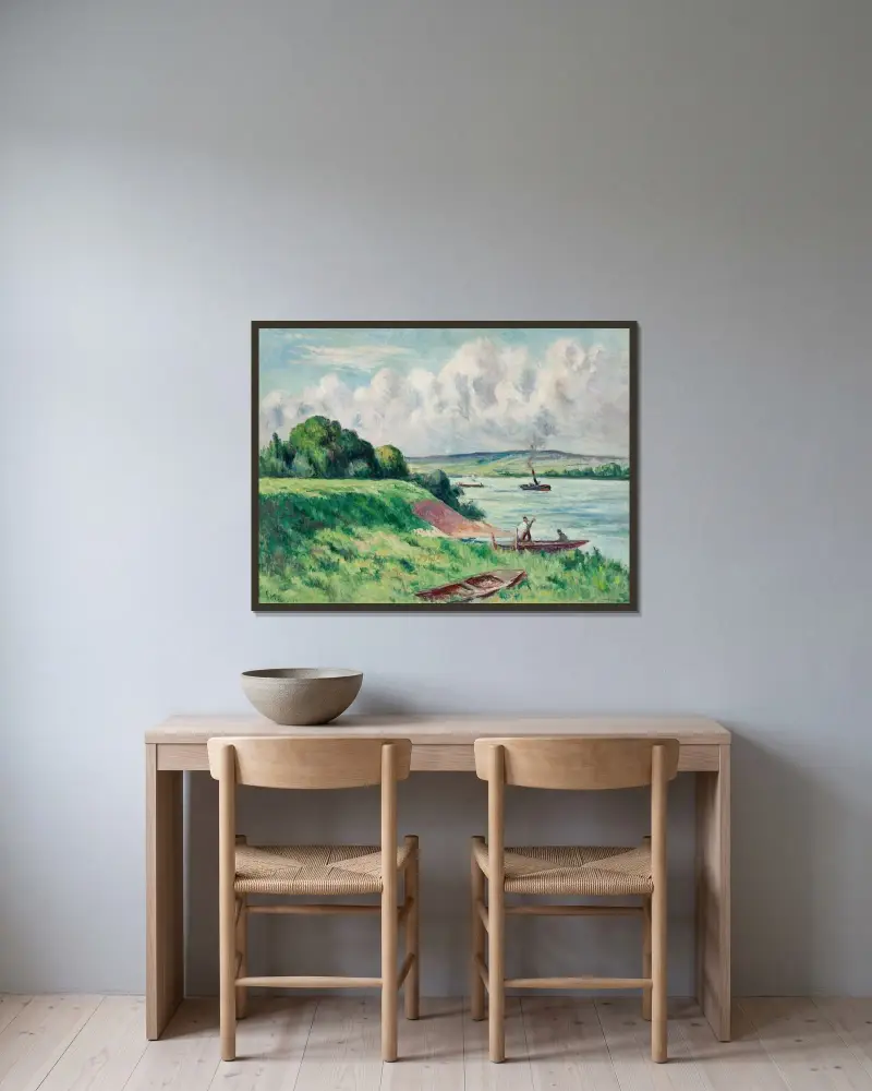 Rolleboise, båtar och bogserbåt på floden av Maximilien Luce inramad på en vägg