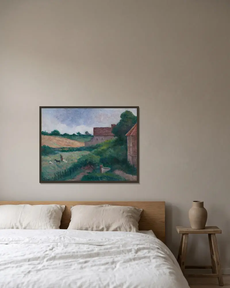 Rolleboise, die Höfe oder Die Ziegenhirtin und die Bäuerin am Brunnen von Maximilien Luce gerahmt an einer Wand
