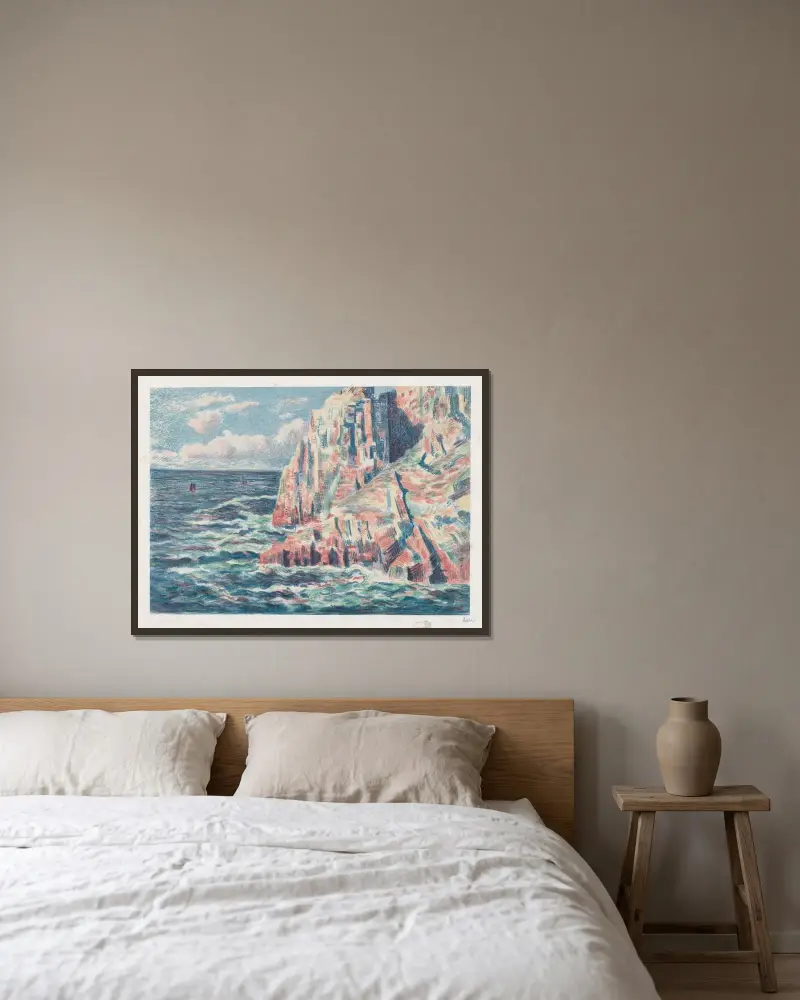 Havet vid Camaret, de röda klipporna av Maximilien Luce inramad på en vägg