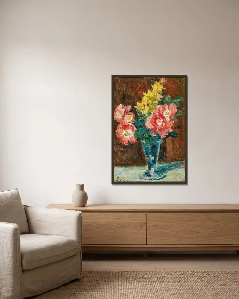 Vase mit Blumen von Maximilien Luce gerahmt an einer Wand