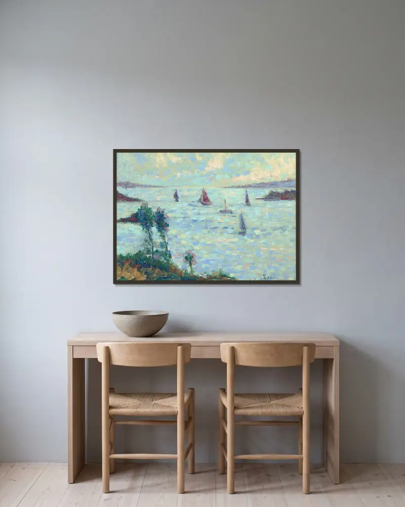 Segelboote vor Kermouster von Maximilien Luce gerahmt an einer Wand