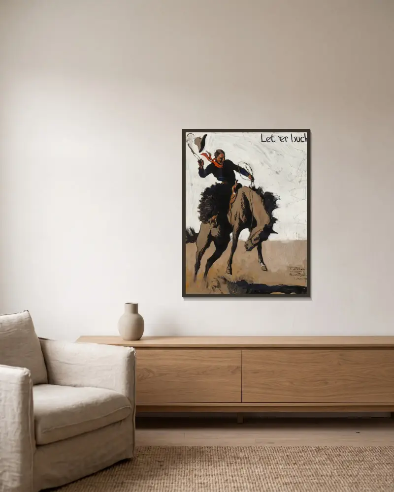Let ‘er Buck! Pendleton Round Up von Maynard Dixon gerahmt an einer Wand