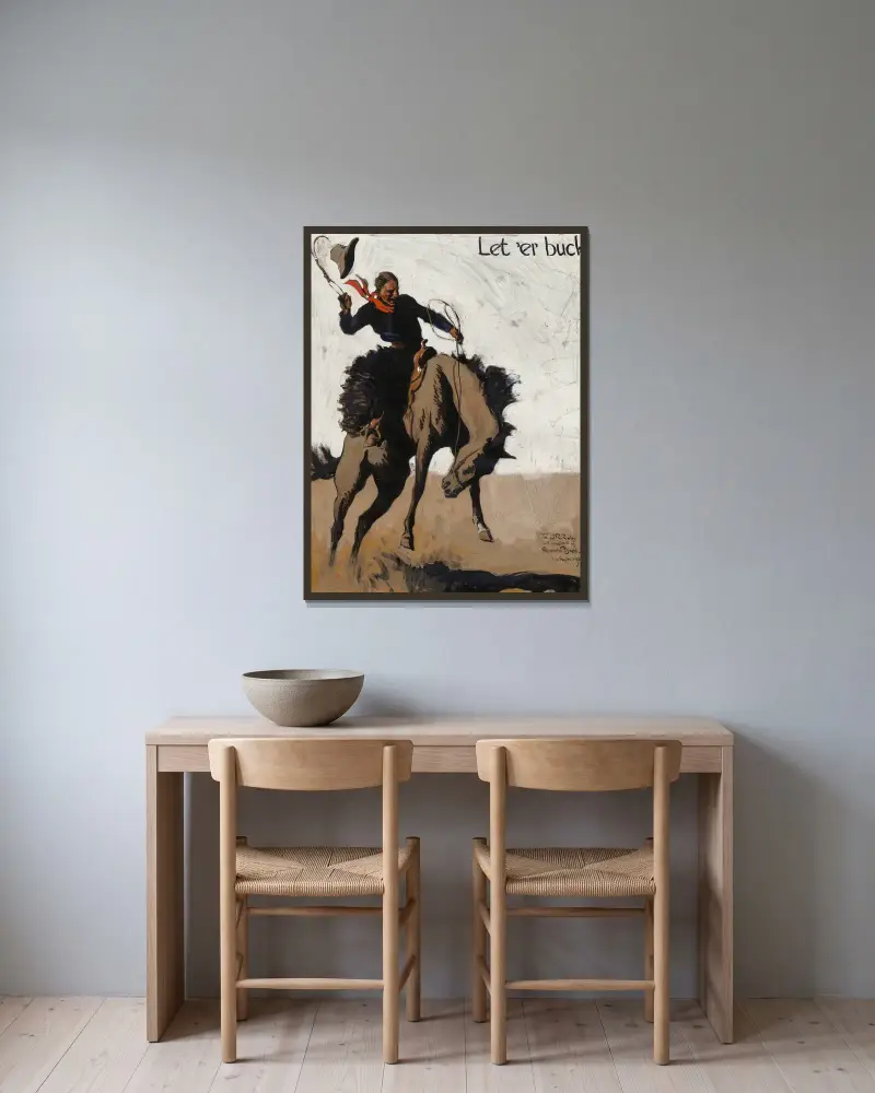 Let ‘er Buck! Pendleton Round Up von Maynard Dixon gerahmt an einer Wand