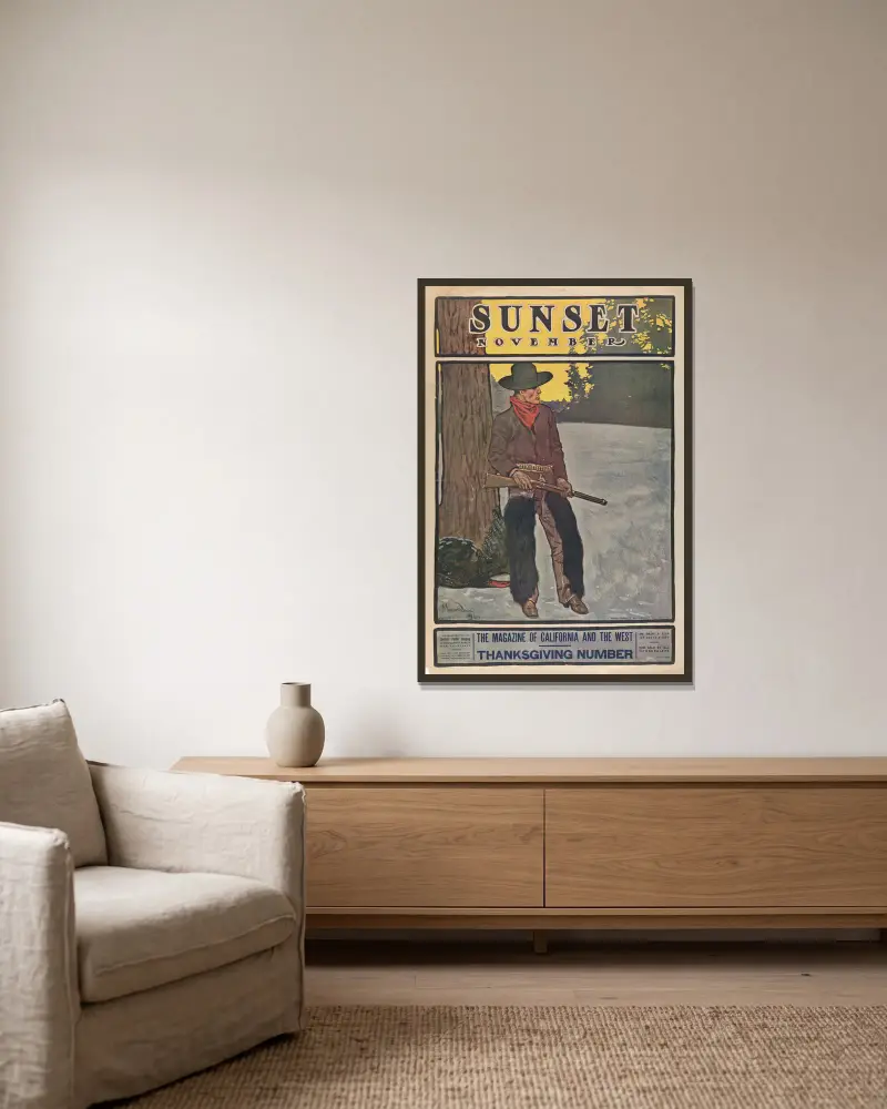 Sunset Magazine, Thanksgiving Number, November av Maynard Dixon inramad på en vägg