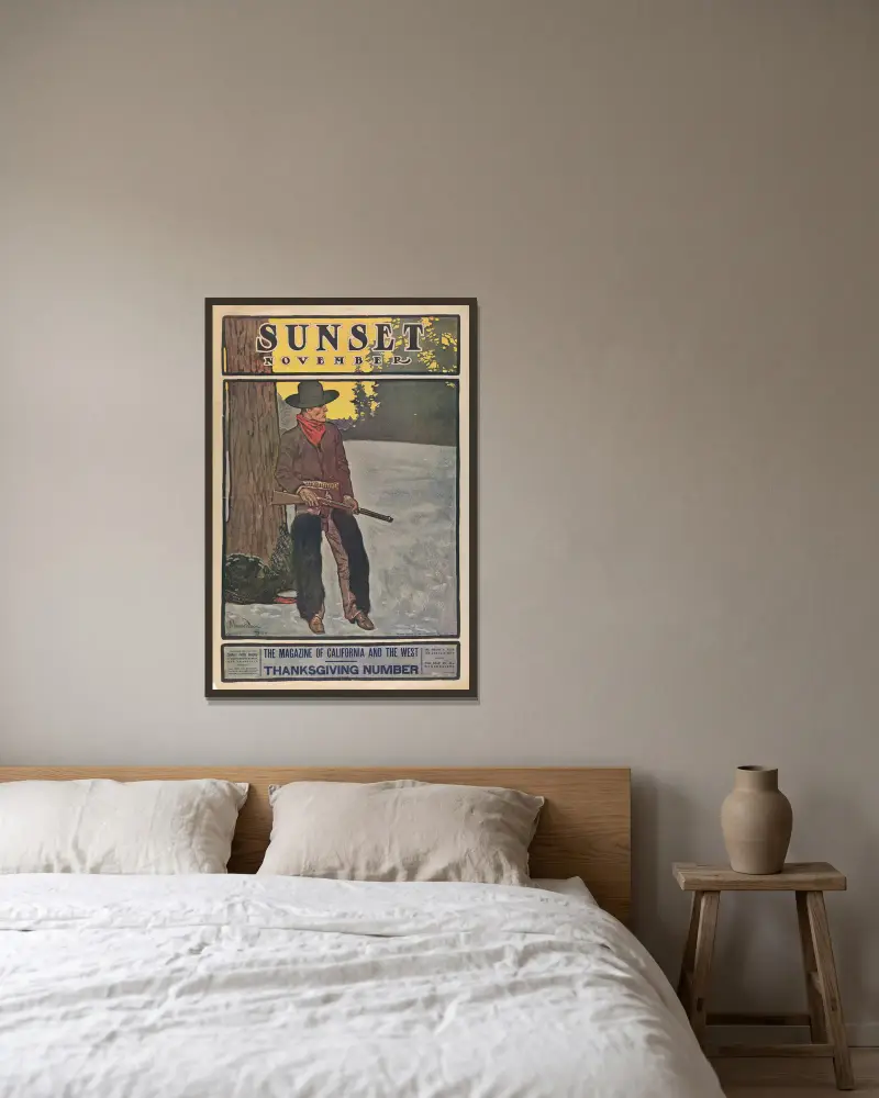Sunset Magazine, Thanksgiving Number, November av Maynard Dixon inramad på en vägg