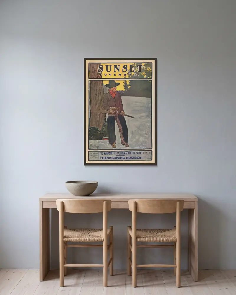 Sunset Magazine, Thanksgiving Number, November av Maynard Dixon inramad på en vägg