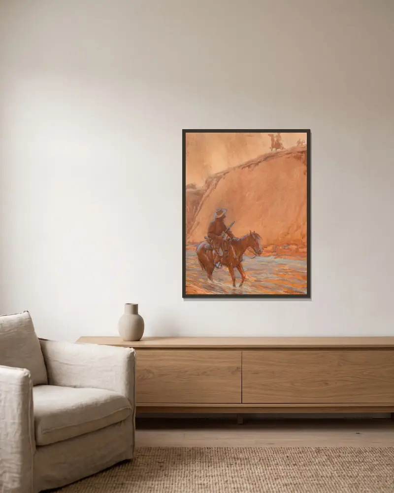 Das Pferd des Fliehenden stürzte in das tiefe Wasser von Maynard Dixon gerahmt an einer Wand