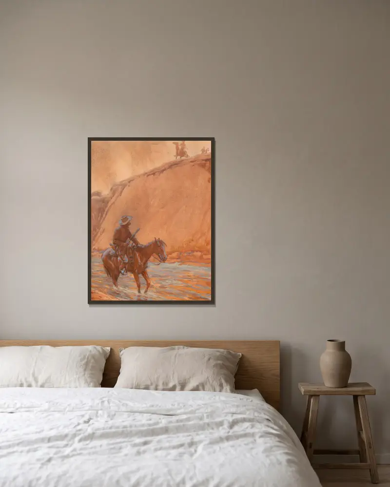 Das Pferd des Fliehenden stürzte in das tiefe Wasser von Maynard Dixon gerahmt an einer Wand