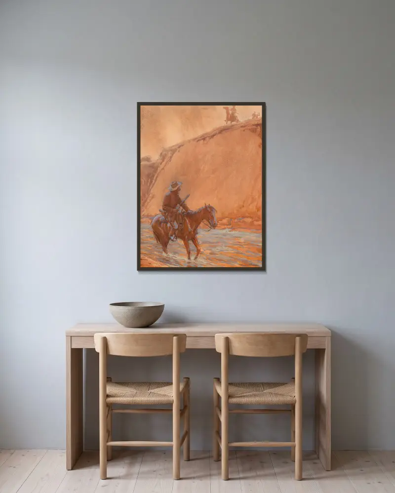 Das Pferd des Fliehenden stürzte in das tiefe Wasser von Maynard Dixon gerahmt an einer Wand