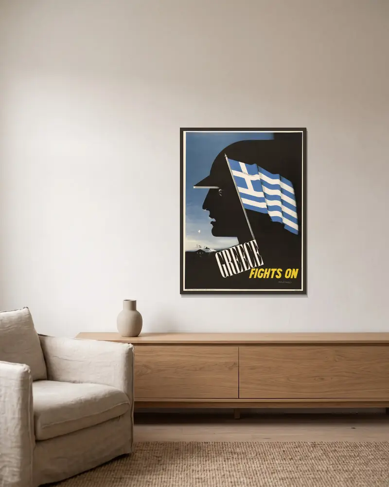 Greece fights on, Edward McKnight Kauffer v rámu na stěně