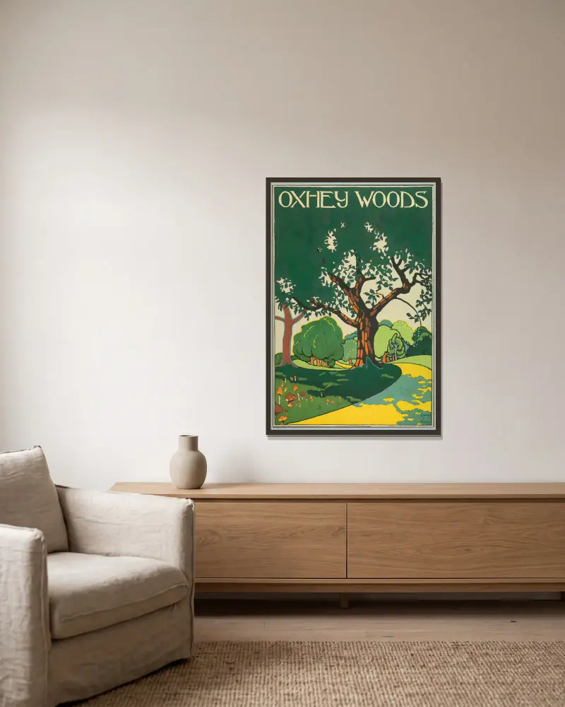 Oxhey Woods, London Underground av Edward McKnight Kauffer inramad på en vägg