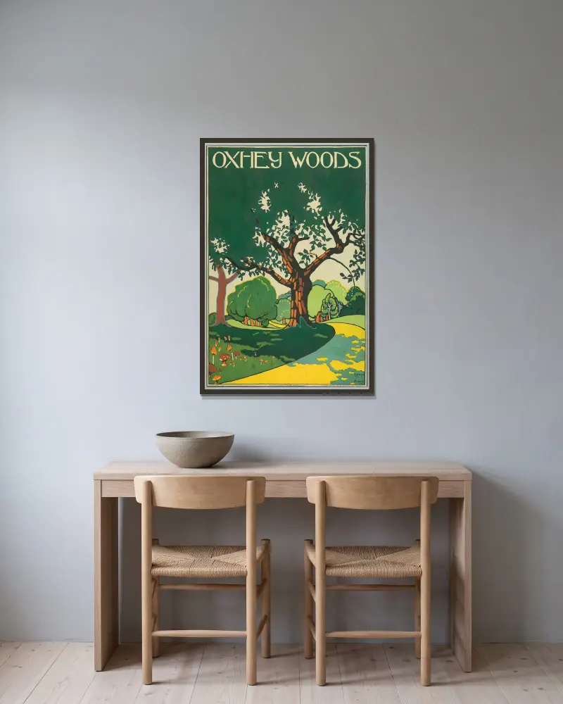 Oxhey Woods, London Underground av Edward McKnight Kauffer inramad på en vägg