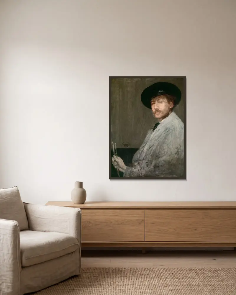 Arrangement in Gray, Portrait of the Painter av James Abbott McNeill Whistler inramad på en vägg
