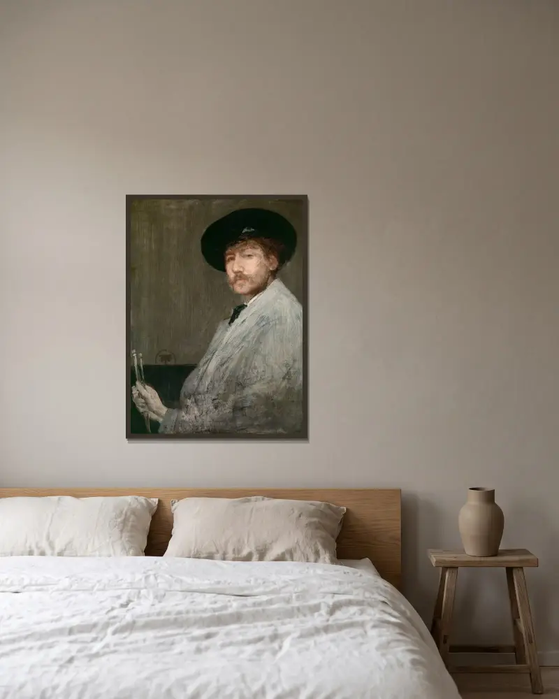 Arrangement in Gray, Portrait of the Painter av James Abbott McNeill Whistler inramad på en vägg