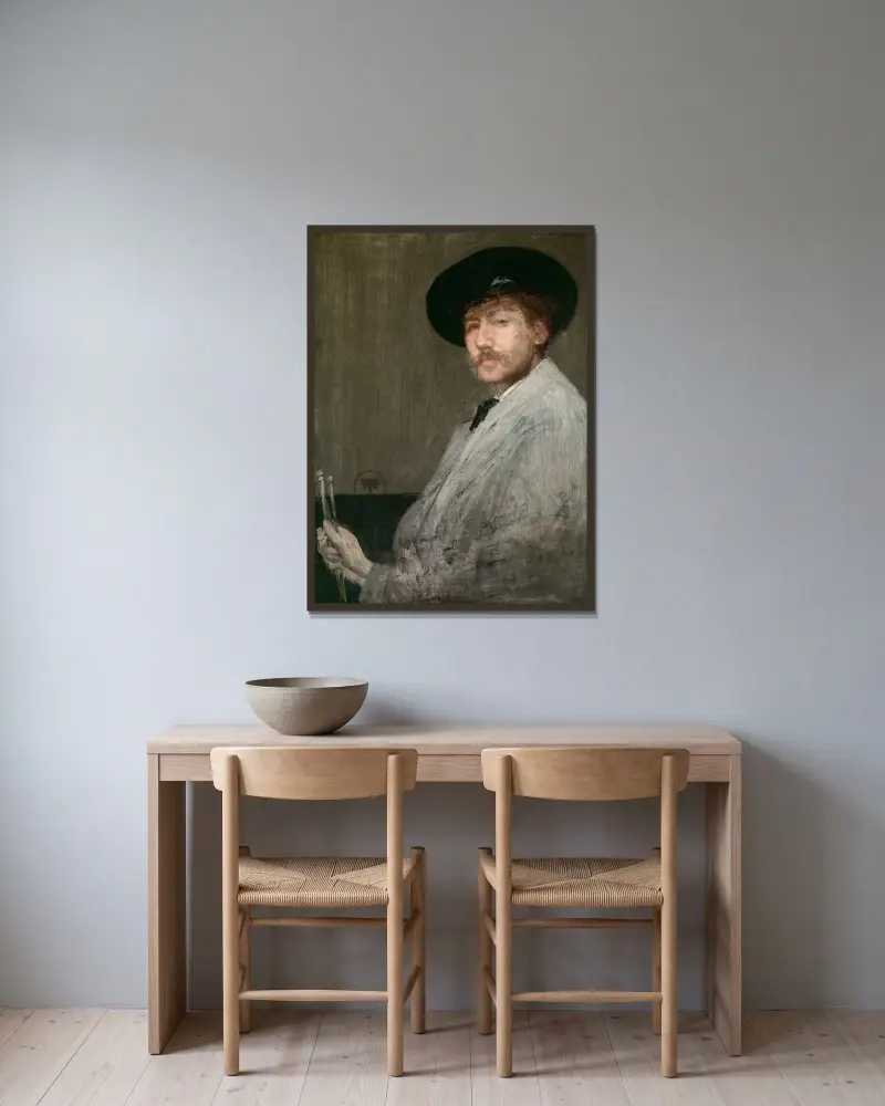 Arrangement in Gray, Portrait of the Painter av James Abbott McNeill Whistler inramad på en vägg