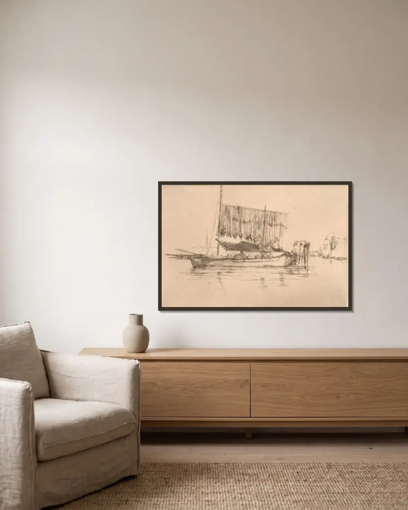 Fishing-boat av James Abbott McNeill Whistler inramad på en vägg