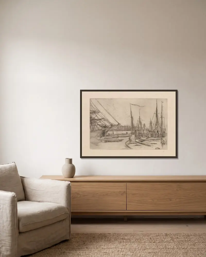 Z Billingsgate, James Abbott McNeill Whistler w ramie na ścianie