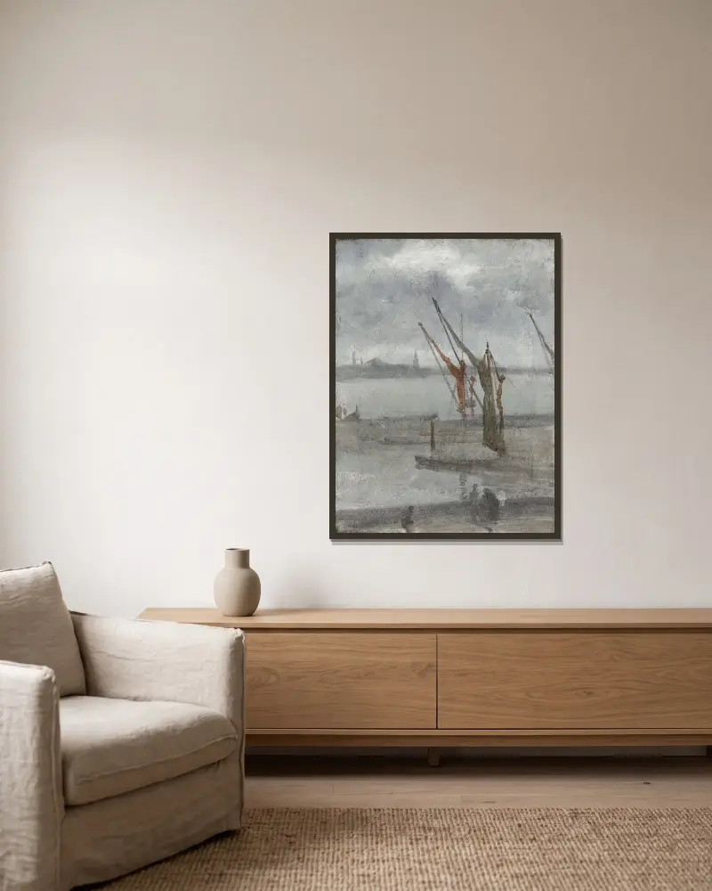 Grey and Silver – Chelsea Wharf av James Abbott McNeill Whistler inramad på en vägg