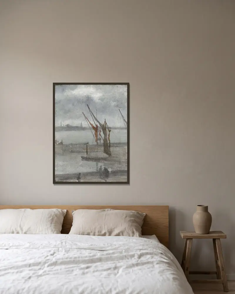 Grey and Silver – Chelsea Wharf av James Abbott McNeill Whistler inramad på en vägg