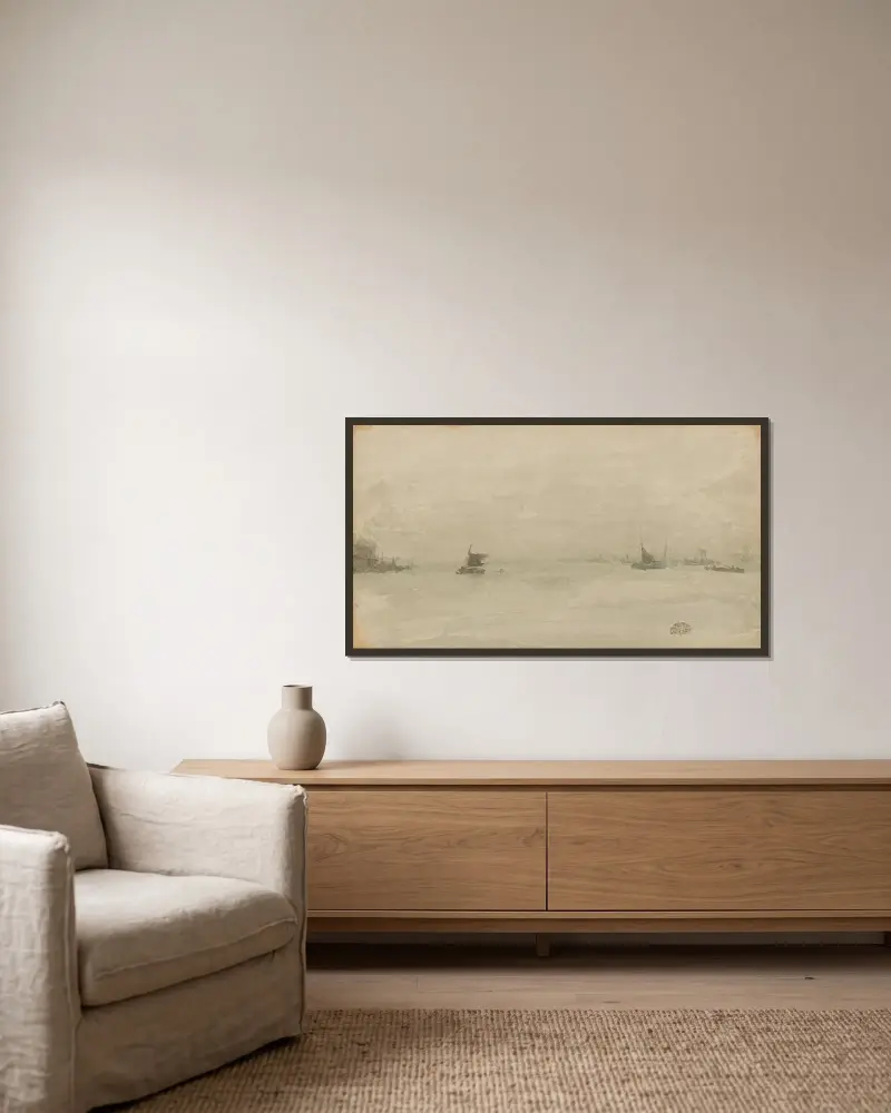Grey and Silver–Liverpool av James Abbott McNeill Whistler inramad på en vägg