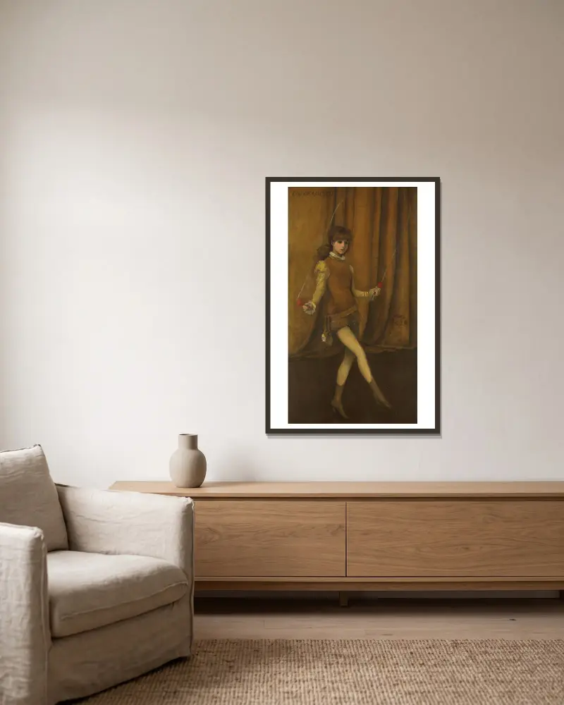 Harmony in Yellow and Gold-The Gold Girl—Connie Gilchrist av James Abbott McNeill Whistler inramad på en vägg