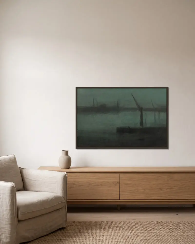 Nokturn: Blått och silver – Battersea Reach av James Abbott McNeill Whistler inramad på en vägg