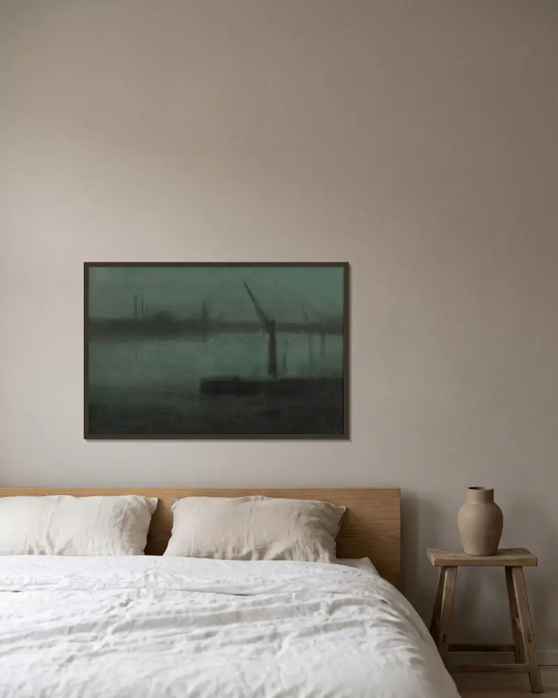 Nokturn: Blått och silver – Battersea Reach av James Abbott McNeill Whistler inramad på en vägg