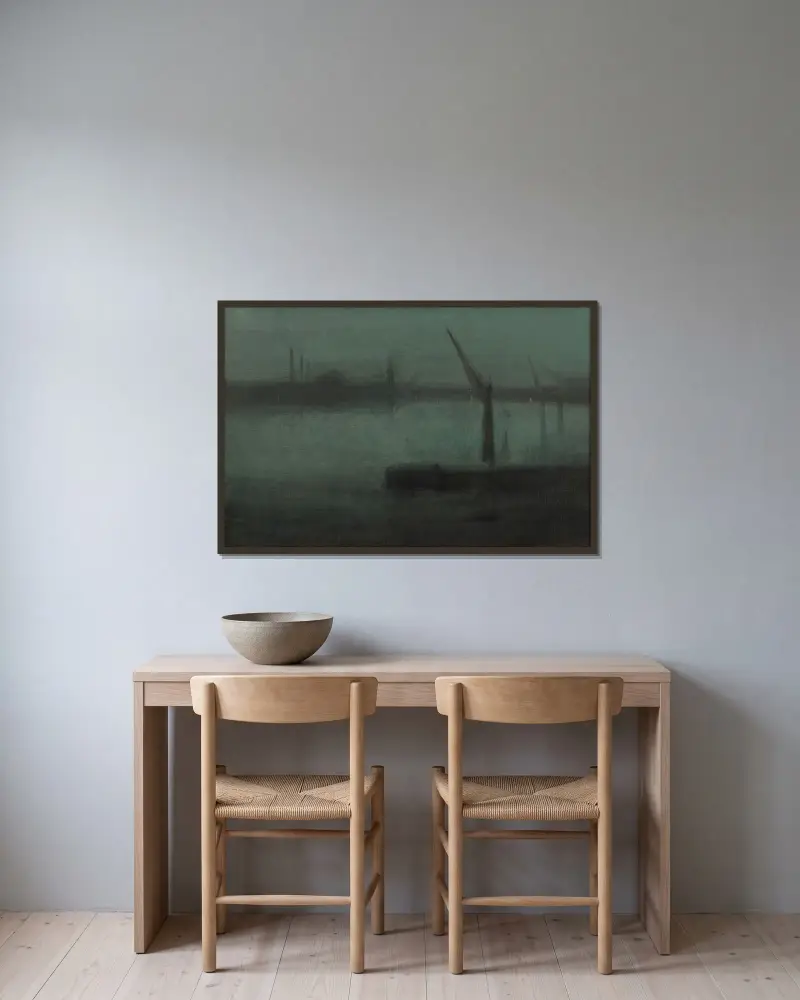 Nokturn: Blått och silver – Battersea Reach av James Abbott McNeill Whistler inramad på en vägg