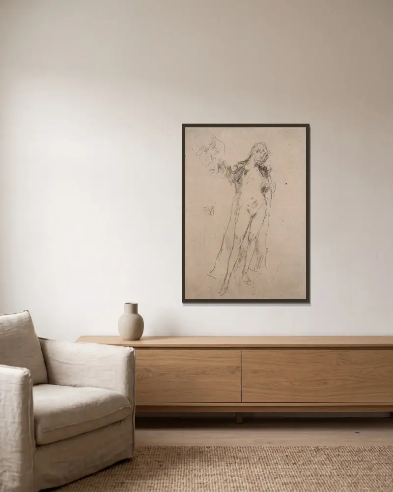 Der Fächer (Modell Nr. 3) von James Abbott McNeill Whistler gerahmt an einer Wand