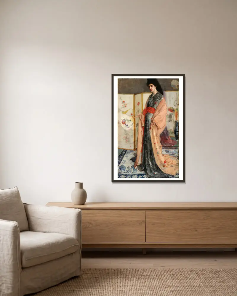 The Princess from the Land of Porcelain av James Abbott McNeill Whistler inramad på en vägg