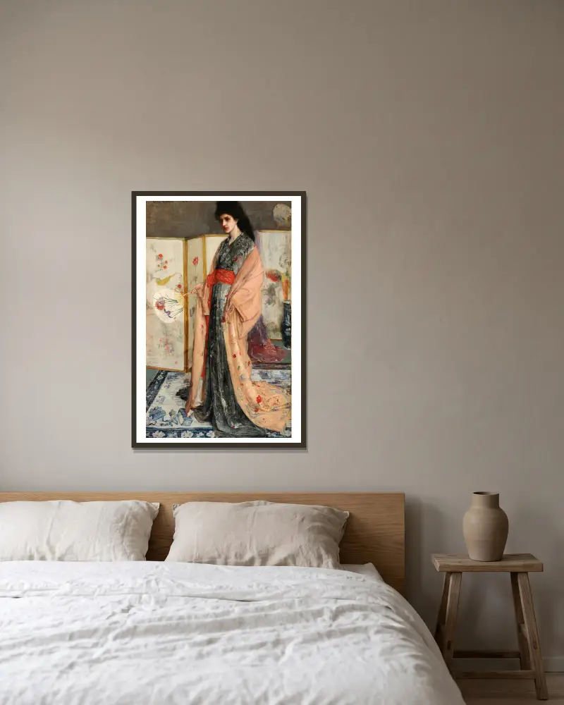 The Princess from the Land of Porcelain av James Abbott McNeill Whistler inramad på en vägg