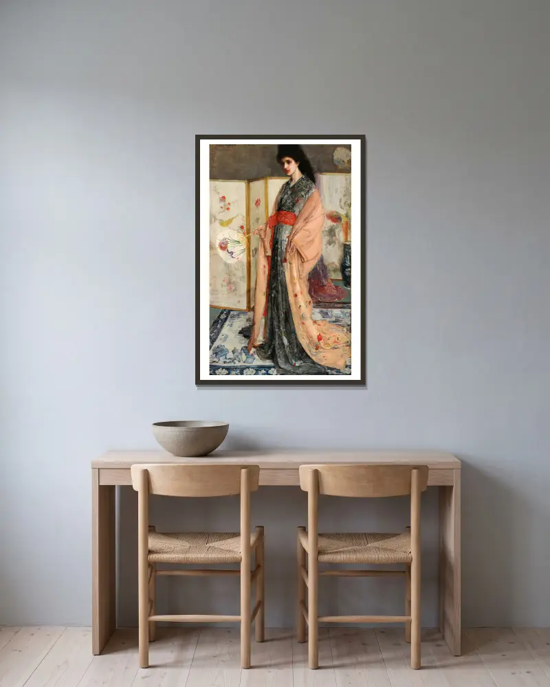 The Princess from the Land of Porcelain av James Abbott McNeill Whistler inramad på en vägg