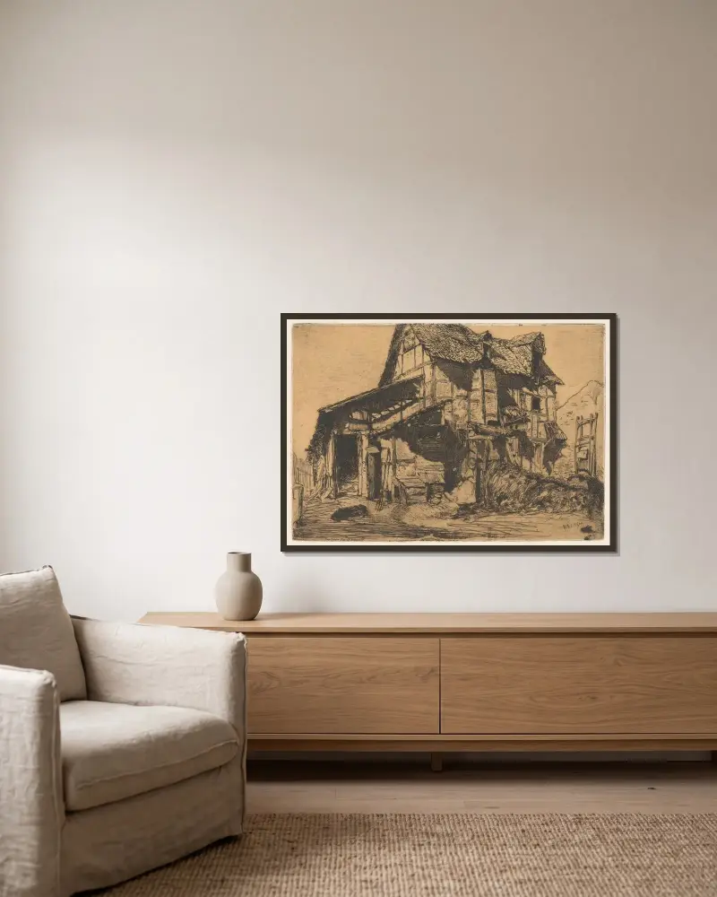 The Unsafe Tenement, 1858 – nr 2 av James Abbott McNeill Whistler inramad på en vägg