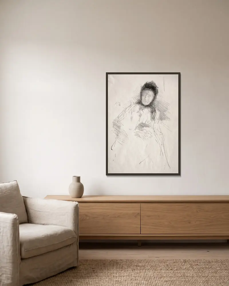 Unfinished Sketch of Lady Haden av James Abbott McNeill Whistler inramad på en vägg