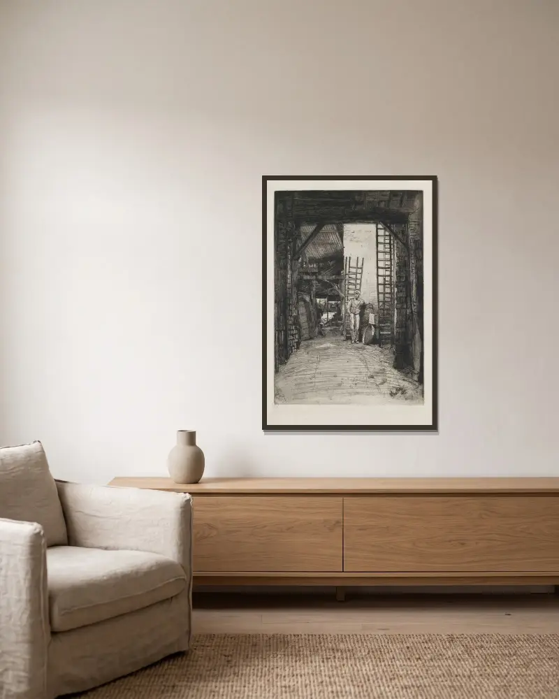 W. Jones, Limeburner, Thames Street av James Abbott McNeill Whistler inramad på en vägg