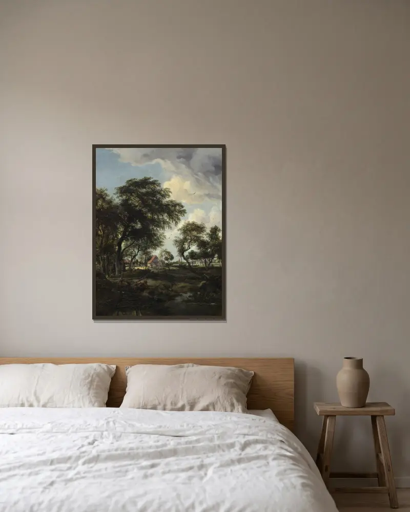 Ein Bauernhof im Sonnenlicht von Meindert Hobbema gerahmt an einer Wand