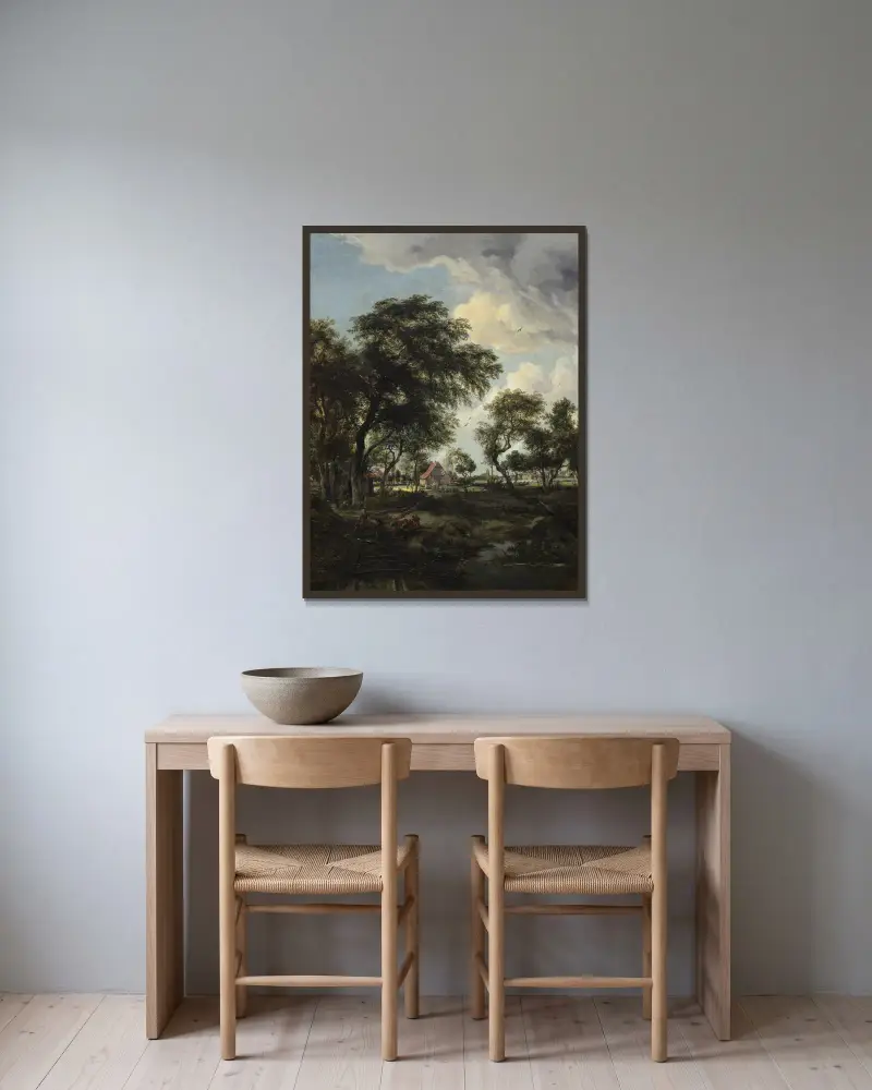 Ein Bauernhof im Sonnenlicht von Meindert Hobbema gerahmt an einer Wand