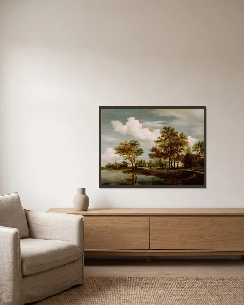 Flusslandschaft von Meindert Hobbema gerahmt an einer Wand