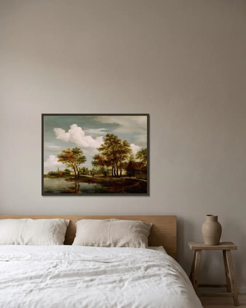 Flusslandschaft von Meindert Hobbema gerahmt an einer Wand