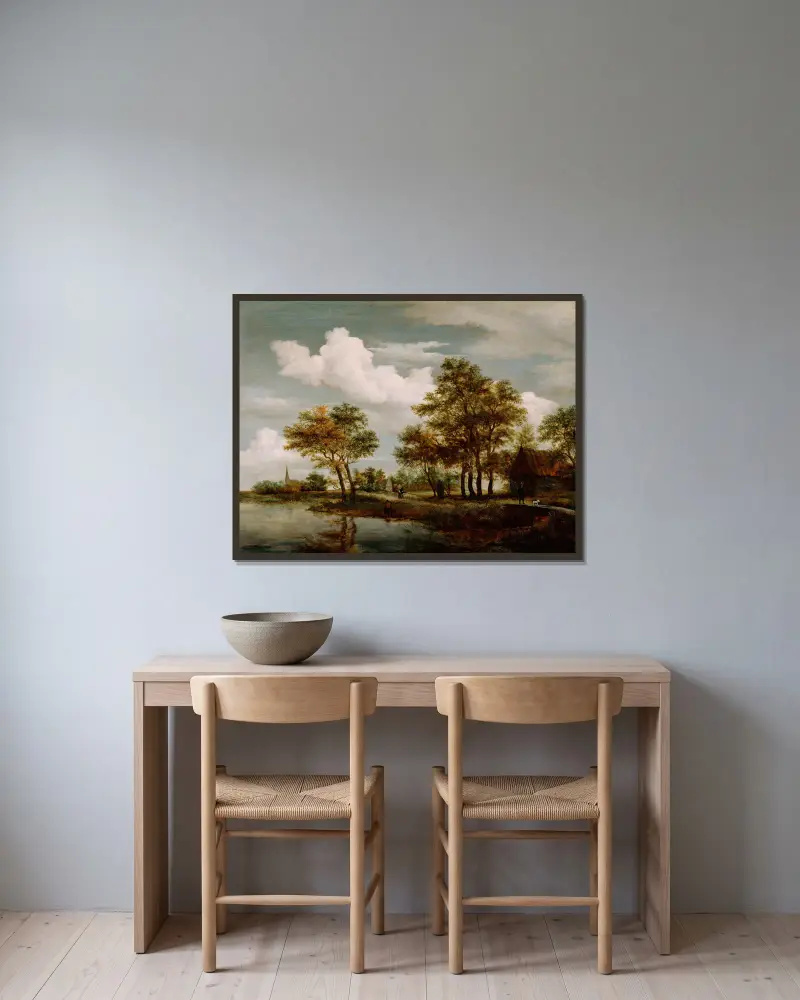 Flusslandschaft von Meindert Hobbema gerahmt an einer Wand