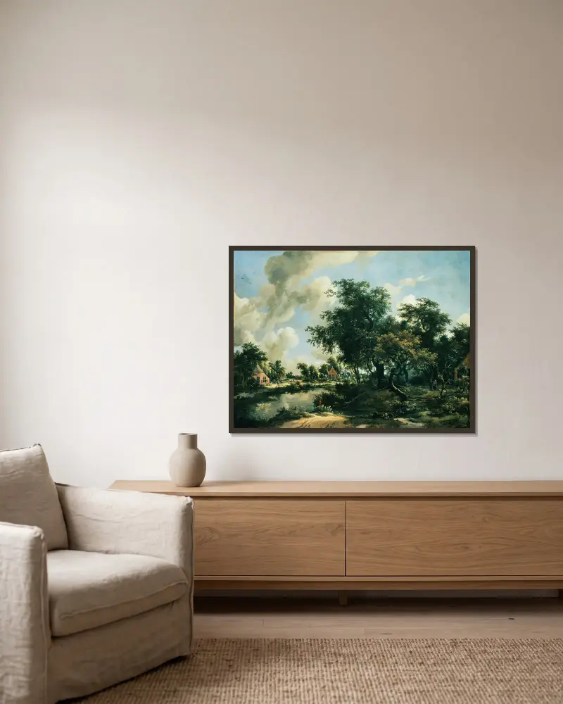 Stürmische Landschaft von Meindert Hobbema gerahmt an einer Wand