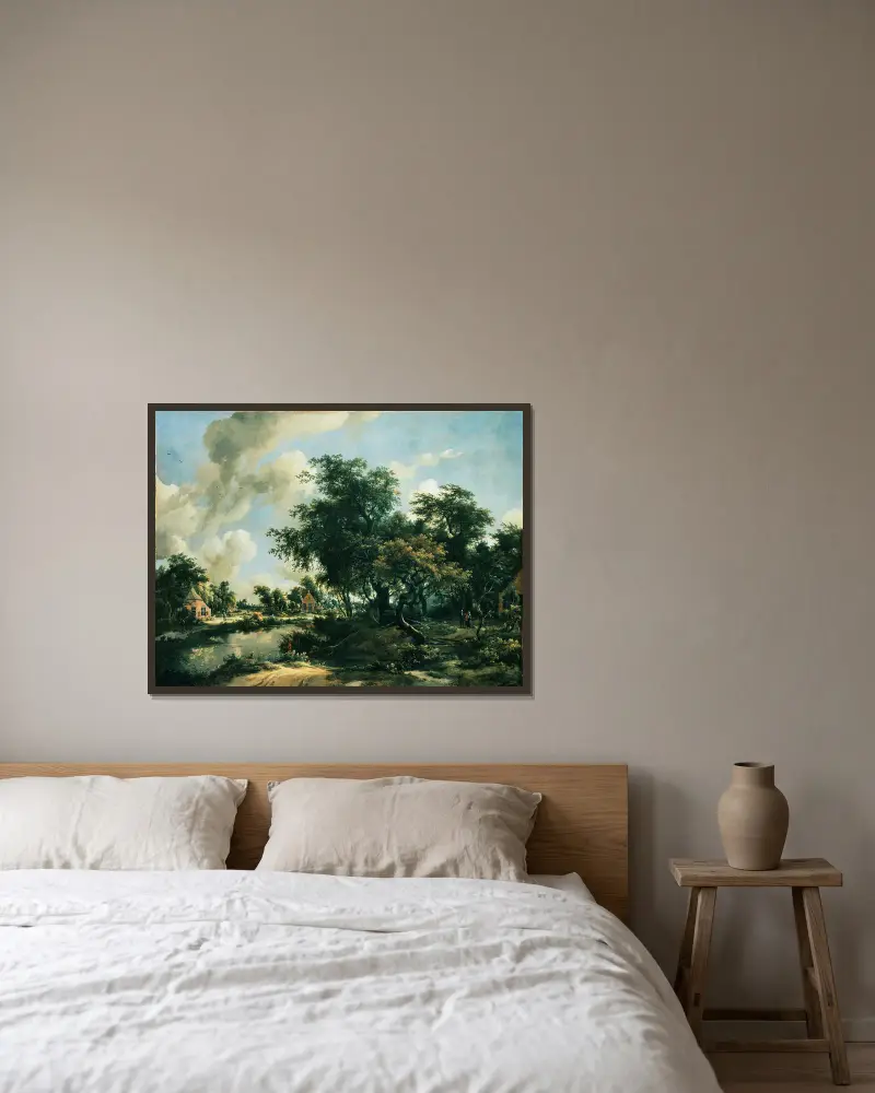 Stürmische Landschaft von Meindert Hobbema gerahmt an einer Wand