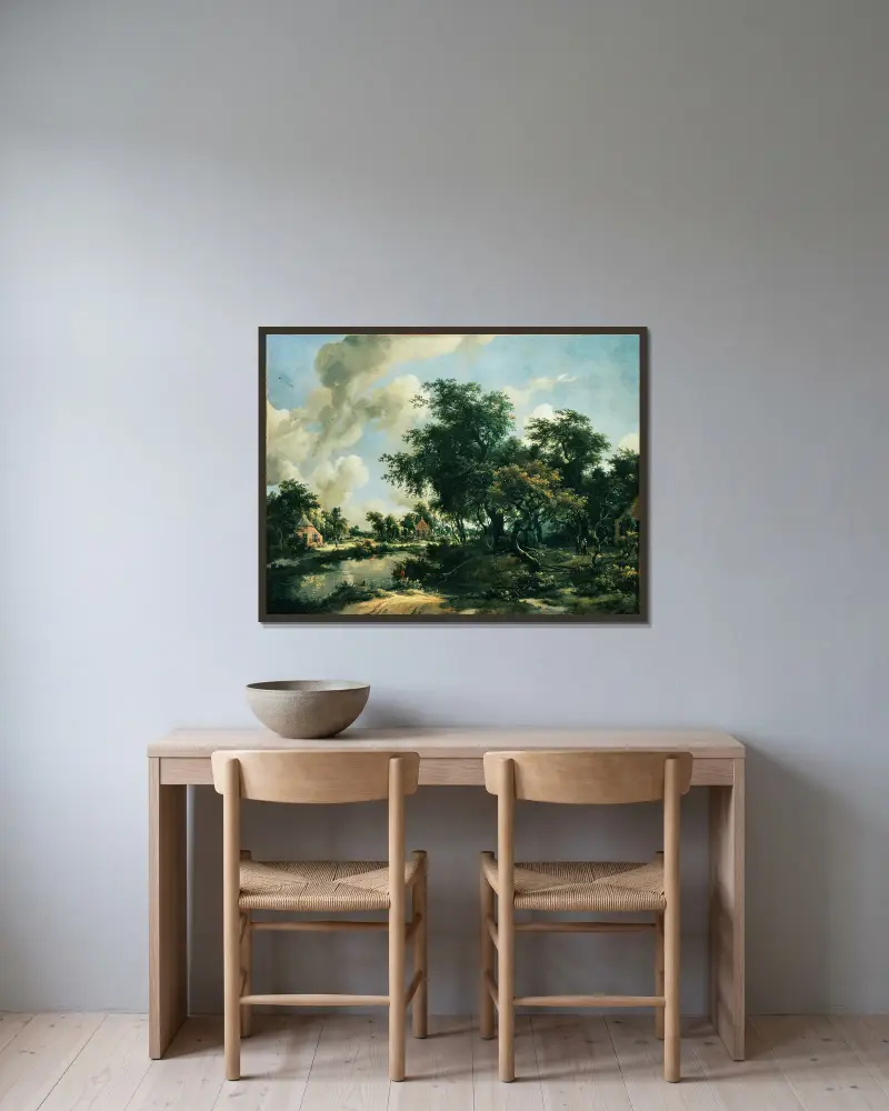 Stürmische Landschaft von Meindert Hobbema gerahmt an einer Wand