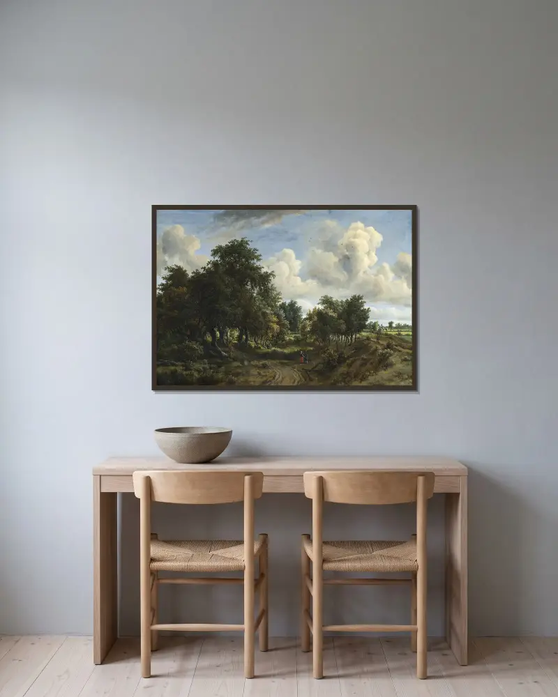 A Wooded Landscape, 1663 – nr 2 av Meindert Hobbema inramad på en vägg