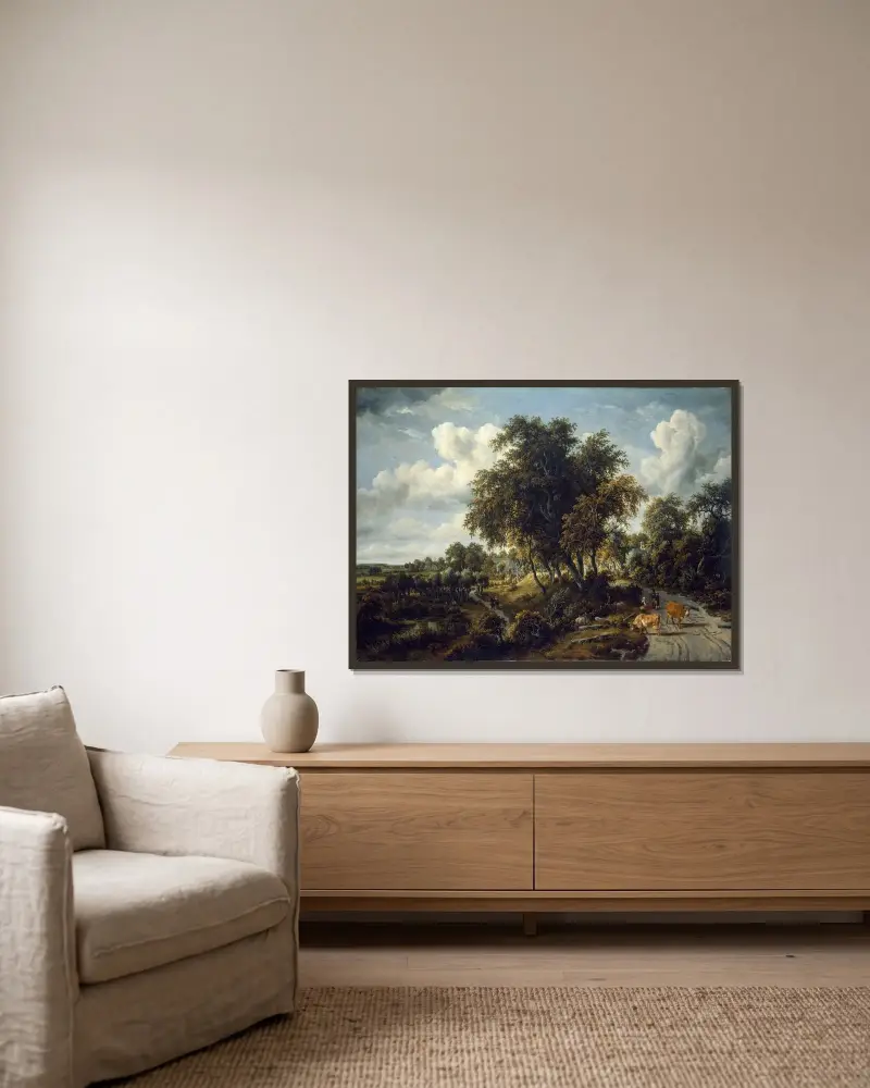Waldlandschaft; der Pfad auf dem Deich von Meindert Hobbema gerahmt an einer Wand