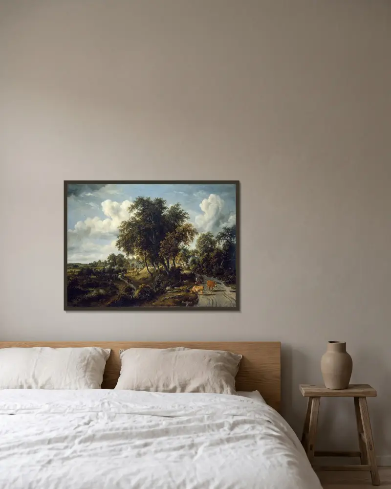 Waldlandschaft; der Pfad auf dem Deich von Meindert Hobbema gerahmt an einer Wand