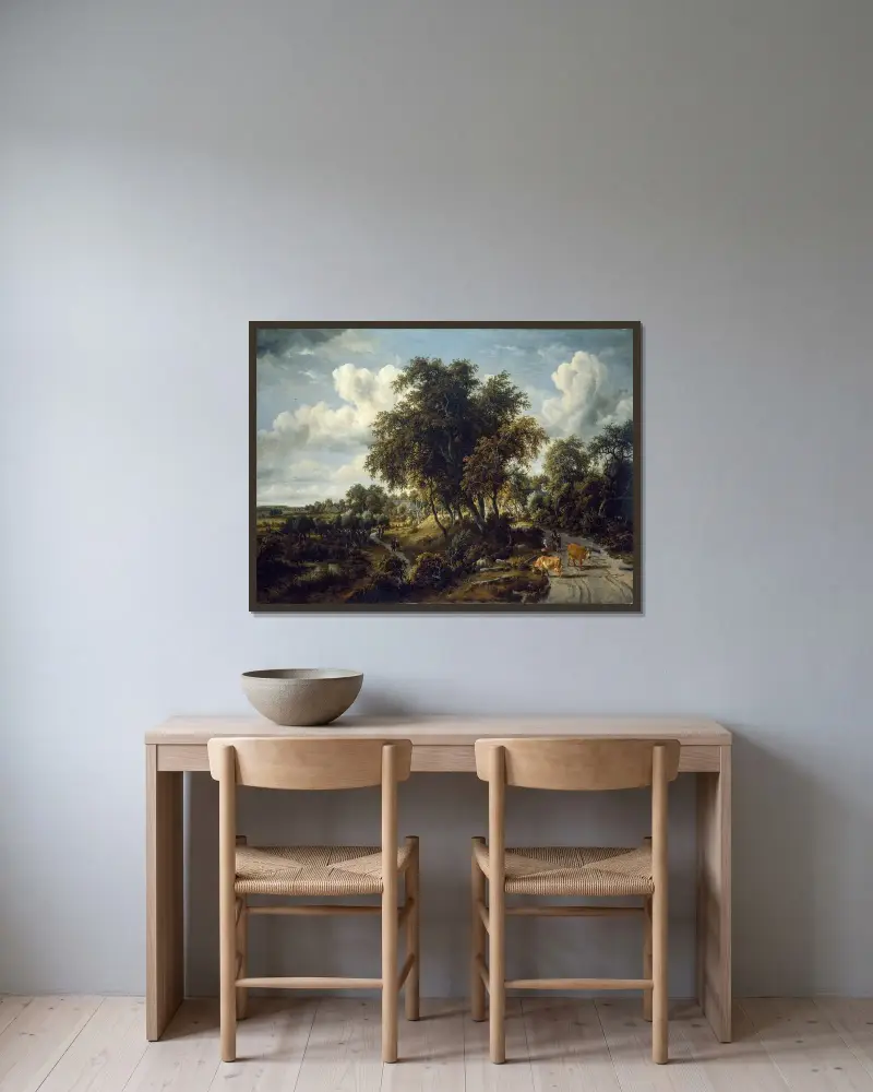 Waldlandschaft; der Pfad auf dem Deich von Meindert Hobbema gerahmt an einer Wand