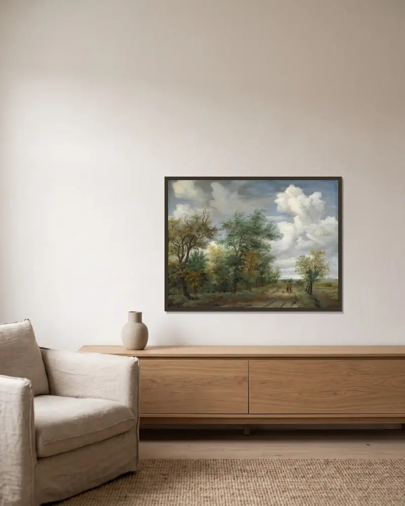 A Wooded Landscape with Figures av Meindert Hobbema inramad på en vägg