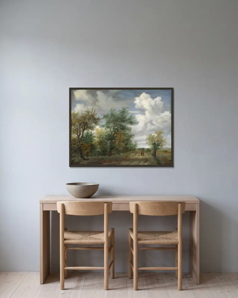 A Wooded Landscape with Figures av Meindert Hobbema inramad på en vägg
