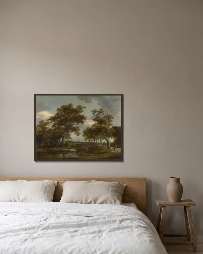 Bewaldete Flusslandschaft mit Figuren auf einem Weg av Meindert Hobbema inramad på en vägg